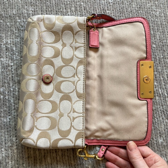 Vintage COACH Y2K Mini Bag Wristlet Bag Fabric Gold Pink - Picture 6 of 9